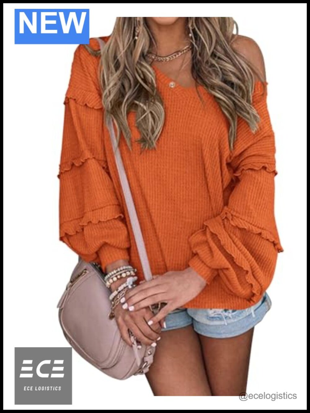 Waffle Knit Blouse V Neck Off Shoulder Ruffle Long Sleeve Top